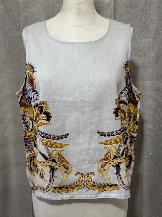 Tops - Joie Linen Sleeveless Blouse-Sz L-Blues/White/Brown Scroll-Button Up Back-EUC
